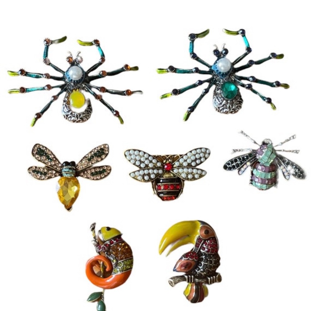 Animal/birds enameled Pearl Crystal brooch pin lot
